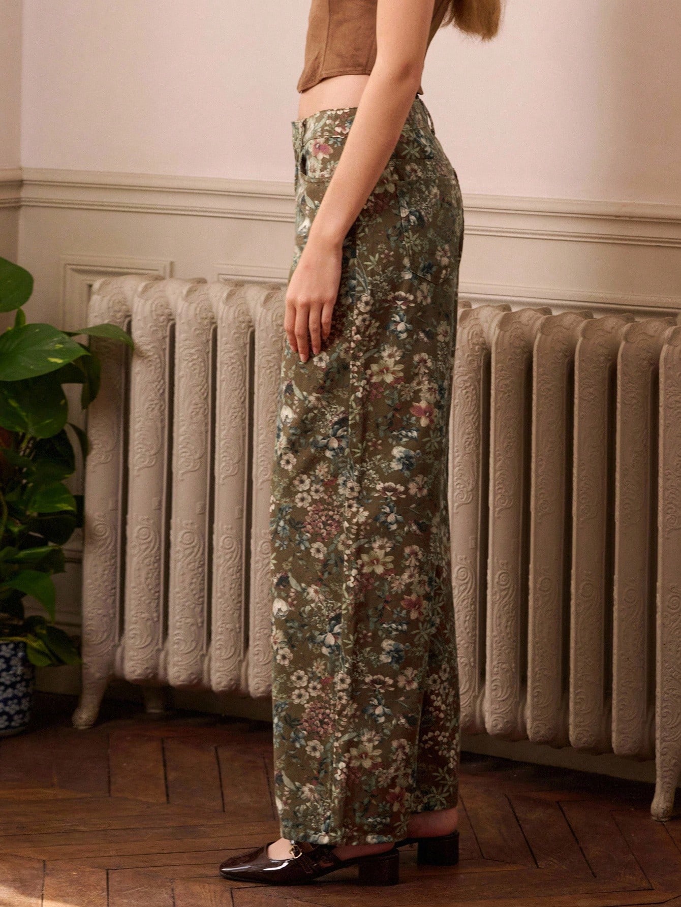 Calça Denim Reta e Larga com Estampa Floral Vintage, Roupas Femininas de Outono e Inverno