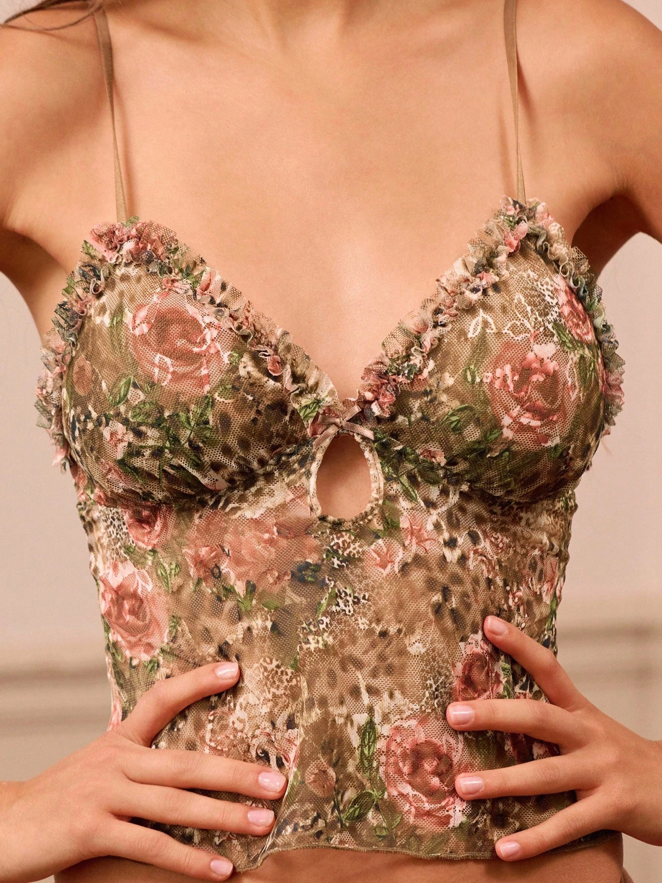 Leopard And Floral Print Lingerie Set With Ruched Neckline Top, Keyhole Detail, And Thong Sexy Lingerie Set Fall Women Clothes Spring Summer