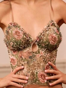 lacRébo Leopard And Floral Print Lingerie Set With Ruched Neckline Top, Keyhole Detail, And Thong Fall Women Clothes Autumn Winter - Multicolor - View 3