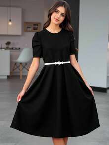 SHEIN Solid Color Bubble Sleeve Teen Girl Dress