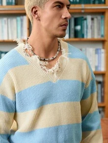 STEELVANCE 男士时尚休闲撞色条纹破洞毛衣，秋冬 - 藍白色 - 查看 6