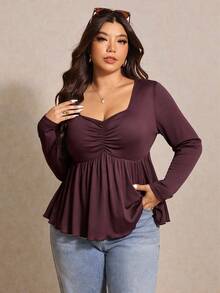 Elaquor 秋季大码休闲纯色褶饰胸前荷叶边下摆T恤 - 咖啡棕 - 查看 3