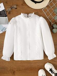 SHEIN 青少女蕾絲插入荷葉邊袖口荷葉邊修飾襯衫 - 白色 - 查看 4