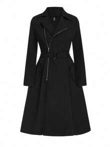 EMERY ROSE Women's Minimalist Elegant Metal Zipper Lace-Up Slim Fit Trench Coat Winter Fall Autumn - Black - View 3