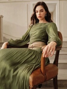 Savoree 女士橄榄绿色长袖褶皱腰闪亮连衣裙，优雅百搭 - 查看 7