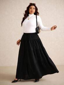 Elaquor Saia Casual Evasê com Cintura Elástica e Babado na Barra para Mulheres Plus Size, Conjunto Casual Feminino, Saia Casual, Roupas de Inverno para Mulheres - Preto - Visão 5