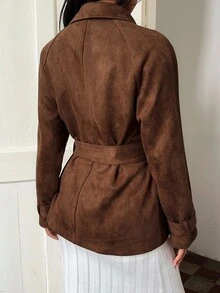 SHEIN Unity Women's Vintage Deer Suede Double-Breasted Belted Regular Jacket - Brown - View 2