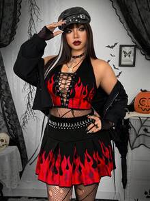 Whyspr Grunge Punk Plus Size Co-Ords Cool Flame Print Dark Party Halter Top With Mini Pleated Skirt Two-Piece Set Grunge Punk - Black - View 5