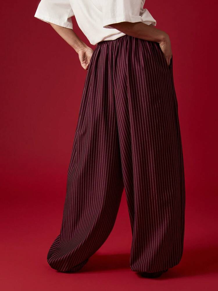 MISSGUIDED 로우라이즈 와이드 레그 드로스트링 핀스트라이프 팬츠 크리스마스