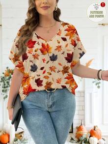 EMERY ROSE Lässiges, weites Damen T-Shirt mit Herbst-Ahornblatt-Struktur-Muster in Große Größen, Kurzarm für den Herbst