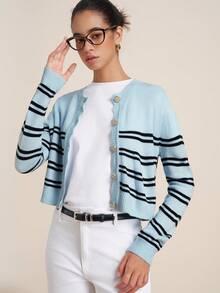 Airaco Women's Casual Striped Button-Up Long Sleeve Knit Cardigan - Multicolor - View 3