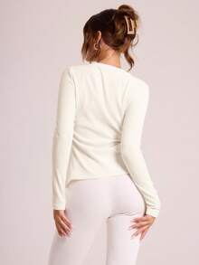 MUSERA Ribbed Button Through Long Sleeve Crew Neck Top Casual Vacation Capsule Wardrobe Everyday Airport Holiday Fall Back To School Autumn Winter  Party, Elegant - White - View 2