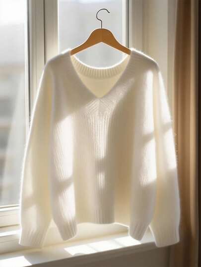 Franclia New Slouchy V-Neck Mohair Soft Loose Knitted Sweater For Women, Spring Fall Winter Cloth For Women