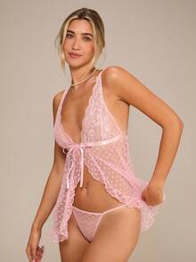 Enchnt 2 Stücke romantisches französisches Stil-Set mit rosa Spitze, Patchwork, Polka Dot Rüschenbesatz, sexy Schlitz Kleid