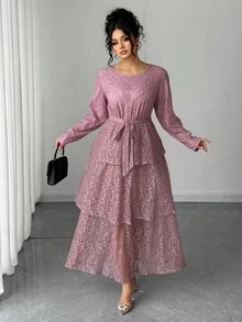 Elenzga Plus Size Women Elegant Round Neck Lace Long Sleeve Commuter Dress Fall Cloth For Women - Pink - View 6