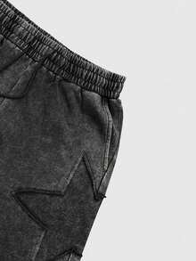 ROMWE MEN Street Life Vintage Elastic Waist Drawstring Five-Pointed Star Pattern Casual Versatile Street Shorts For Teen Boys - Black - View 4