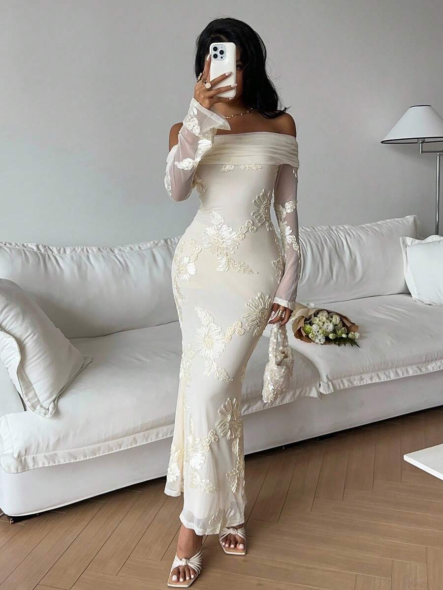 Serisse 女式露肩网眼花卉提花修身优雅中长连衣裙 - 杏色 - 查看 1