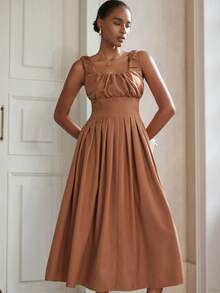 GENKIRA Vestido sin mangas con busto y dobladillo plisados, estilo minimalista para ir al trabajo, elegante - Marrón - Ver 6