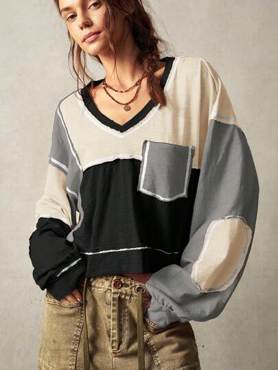 Bohemela Sudadera holgada de mujer con cuello en V y mangas largas en bloque de color