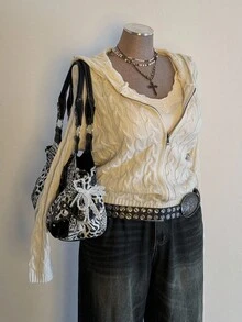 Sunspun Plus Size Women Textured Knit Hooded Front Zip Cardigan Sweater, Suitable For Autumn/Winter, Back To School/Commuting Outfits Fall