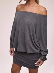 SHEIN BAE Vestido mini de mujer de unicolor con hombros descubiertos, mangas tipo murciélago y fruncido de moda