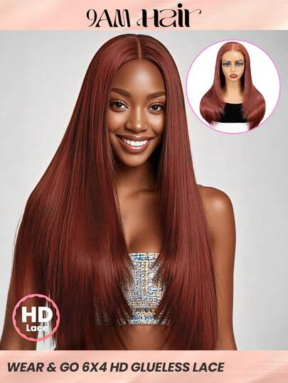 TrueHD Wear Go 6*4 HD Lace Glueless Reddish Brown Straight Layered Cut Lace Closure Wigs 180% Density 16-24 Inch Pre-Plucked & Pre-Cut Natural Hairline Daily Use Top Quality For Women Hair Sexy Lingerie Women Valentine's Day Human Hair Lace Wig Natural Glueless Wig For Romantic Date For Women
