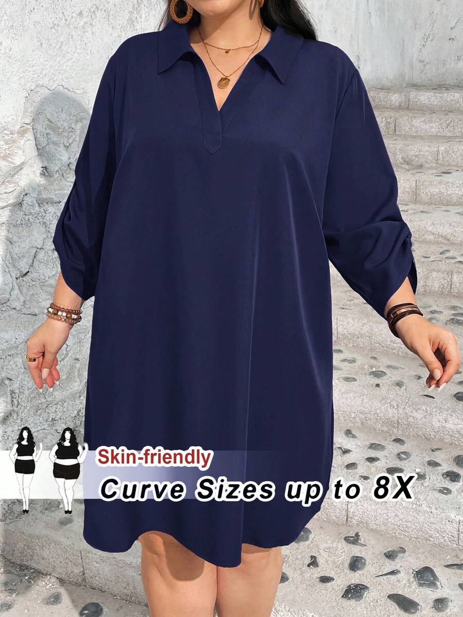 SHEIN CURVE+ 大码女士万圣节彩色格子印花长袖衬衫领连衣裙、情人节连衣裙、情人节、玫瑰、心形、波尔卡圆点、爱心、嘴唇、丘比特、3D 花朵、女士夏季服装、女士太阳裙、女士海滩服装/沙滩裙/海滩度假服装/海滩必备品/毕业/茶会礼服 - 藏蓝色 - 查看 1