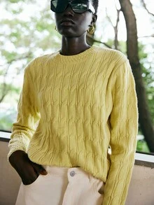 Lumivelle Women's Yellow Crew Neck Cable Knit Pullover Sweater - Yellow - View 5