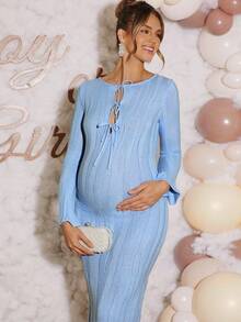 Loomaby Elegant Maternity Solid Color Open Neck Tie Front Flare Sleeve Fitted Sweater Dress,Gender Reveal Dress,Maternity Dress, Baby Shower Dressblue Maternity Dress - Blue - View 1