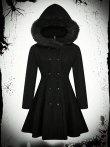 SHEIN Sweetro 秋冬大码休闲纯色双排扣连帽夹克 - 黑色 - 查看 1