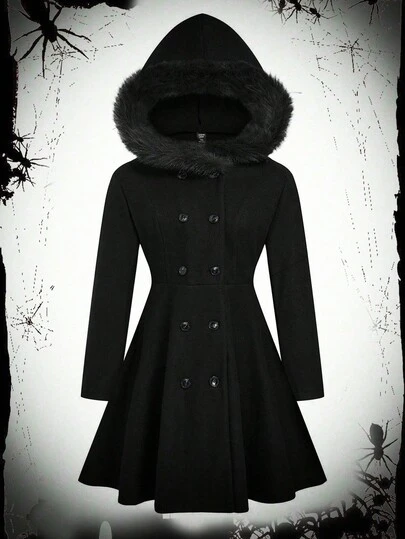 SHEIN Sweetro Plus Size Casual Enfärgad Dubbelknäppt Huvjacka, Höst/Vinter