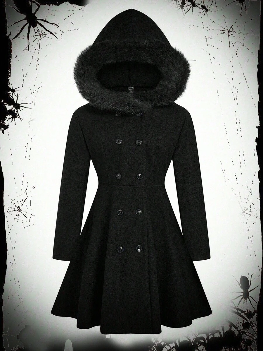 SHEIN Sweetro 秋冬大码休闲纯色双排扣连帽夹克 - 黑色 - 查看 1