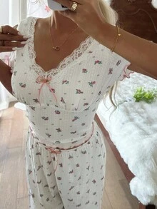 CottageSlumber CottageSlumber Conjunto de pijama casual de mujer CottageSlumber con estampado floral de jacquard cómodo