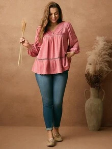 Rosumi Blusa holgada de talla grande para mujer con mangas de farol, bordado hueco y dobladillo con volantes - Rosa coral - Ver 7