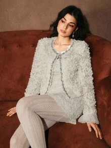 SHEIN Unity 优雅水钻流苏仿皮草蕾丝串珠拼接女式短款夹克 - 杏色 - 查看 5