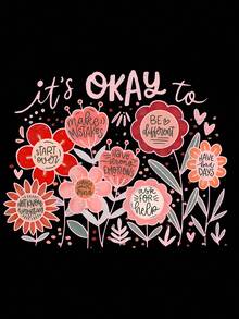 SHEIN 加大码女式波西米亚风花卉 PNG、花卉 PNG、励志 PNG、激励 PNG、善良 PNG、T 恤 PNG、心理健康 PNG、肯定休闲家居碎花和英文字母可爱植物图案印花圆领短袖