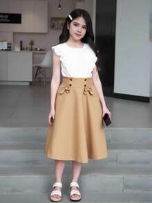 SHEIN Tween Girl Shirred Waist Bow Front Skirt