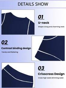 Dewbera 女式圆领短袖短款T恤和喇叭裤运动套装健身套装 - 藏蓝色 - 查看 4