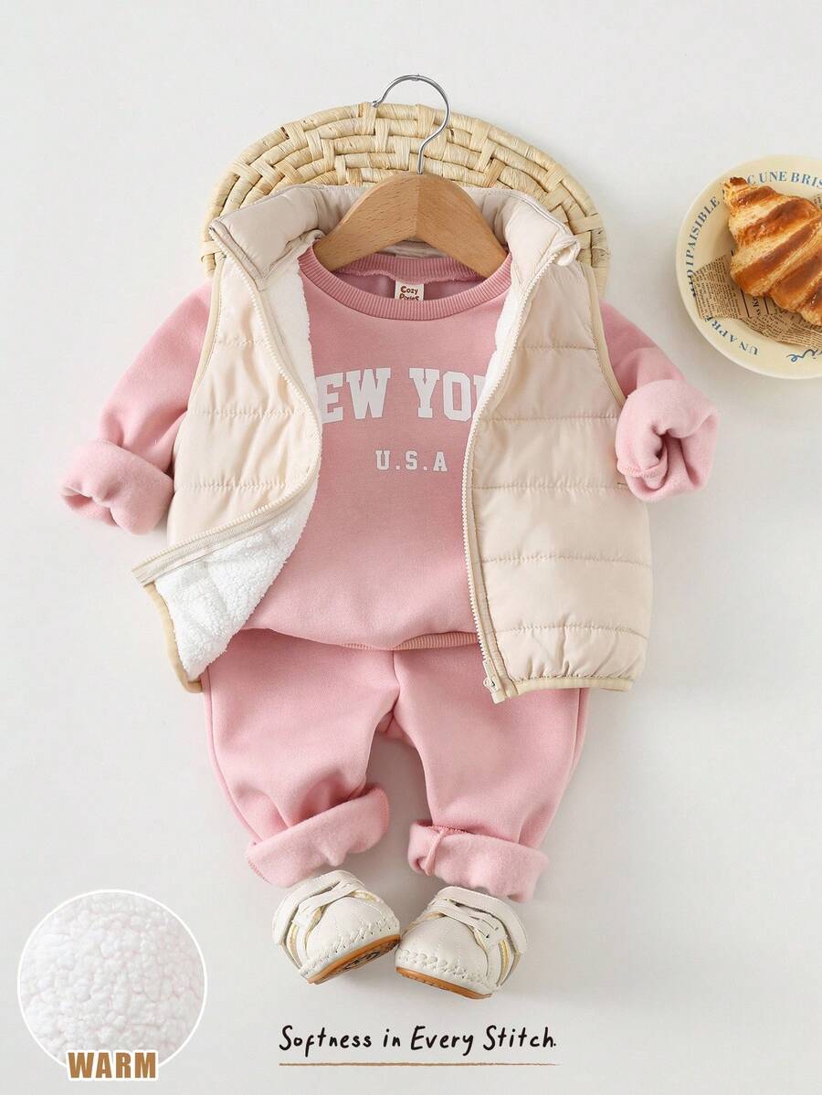 Cozy Pixies 3pcs Baby Girl Letter Print Knit Soft Crew Neck Long Sleeve Hoodie, Elastic Waist Pants And Sleeveless Vest Set Fall Winter