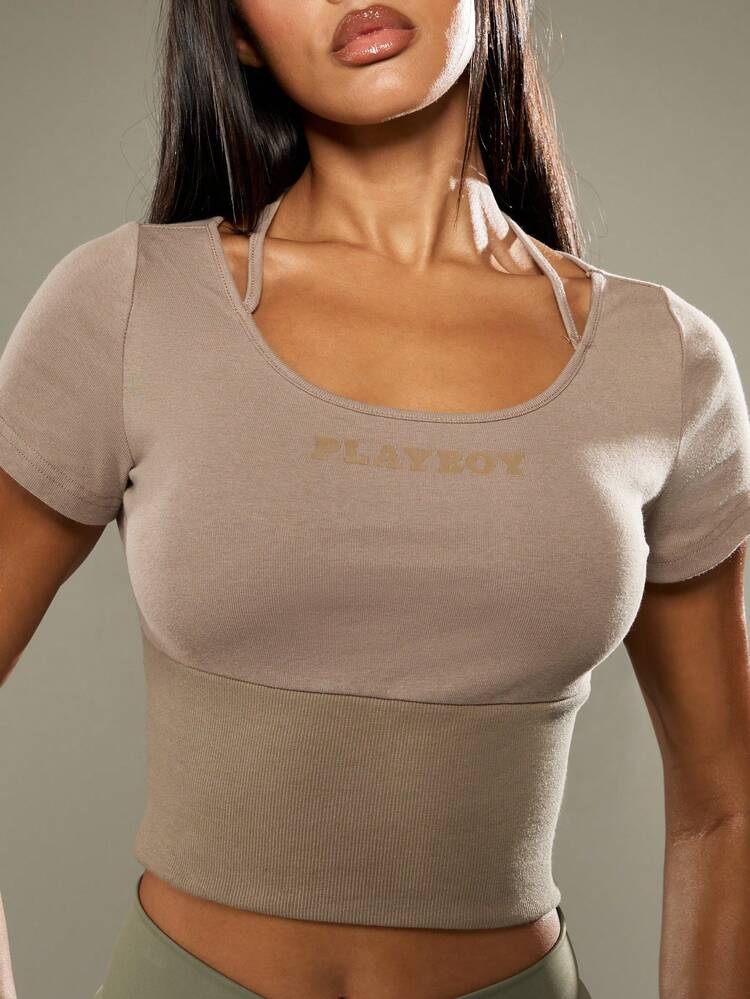 Missguided x Playboy Maglietta corta in cotone a maniche corte con dettagli tagliati sulla spalla, vita a costine, top casual estivo