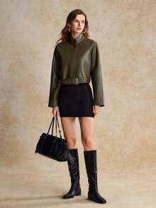 House of One Belted Cropped PU Jacket Women Autumn Winter Casual Wear