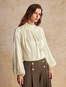 House of One Turtleneck Draped Bishop Sleeves Shiny Top Women Spring Autumn Casual Elegant Wear