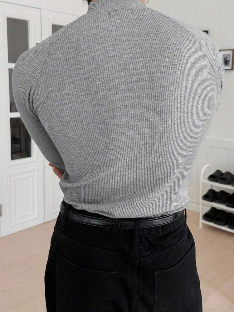 Men's Slim Fit T-Shirt With Letter Embroidery And Raglan Sleeves, Autumn Business Attire Quarter Zip Men