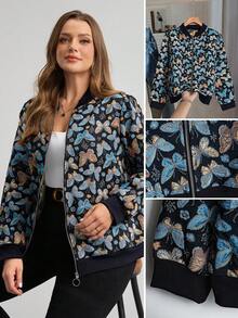 Comfylo 加大码加大码夹克，秋冬大衣，梭织提花面料，蝴蝶图案夹克，前中心拉链夹克，秋冬飞行夹克，万圣节服装，万圣节大衣，冬季夹克，女士办公室服装，返校夹克，秋季服装，日常穿着，通勤简约办公室老款夹克，度假风格，假日服装，波西米亚风/波西米亚风秋季大衣