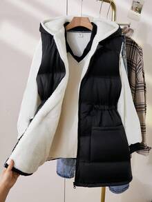 Teenage Girls' Casual Thickened Sleeveless Hooded Cotton Jacket, Drawstring Waist Square Pockets, Simple Black Fabric, Suitable For Winter Commuting And Matching With Pants, Sweatpants, Hoodies, T-Shirts, Sweaters Fall - Black - View 8