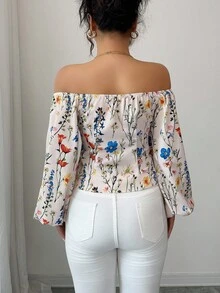 Elenzga 女式露肩花卉印花灯笼袖衬衫，度假装 - 彩色 - 查看 2