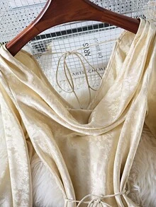 Franclia Elegant & Fashionable Young Women's Minimalist Draped Neck Fitted Flare Sleeve Color Jacquard Pattern Dress, Versatile For Spring & Autumn Gold Dress Women Elegant Dress Women Satin Jacquard Dress Luxury Dress Women Vintage Style Dress Fall Cloth For Women