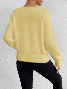 EMERY ROSE White V-Neck Casual Soft Knit Sweater, Long Sleeve Pullover Top, Autumn/Winter - Light Yellow - View 2