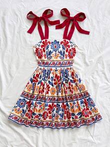 Soleia 度假女士印花细肩带蝴蝶结腰部 A 字迷你连衣裙，适合派对、圣诞节、约会、夜总会、波西米亚风、波西米亚风 - 彩色 - 查看 4