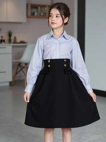 SHEIN Girls' Bowknot Flared Skirt, Sweet & Elegant, High Waist Design, Bowknot Decor, Flared Hem, Soft & Breathable